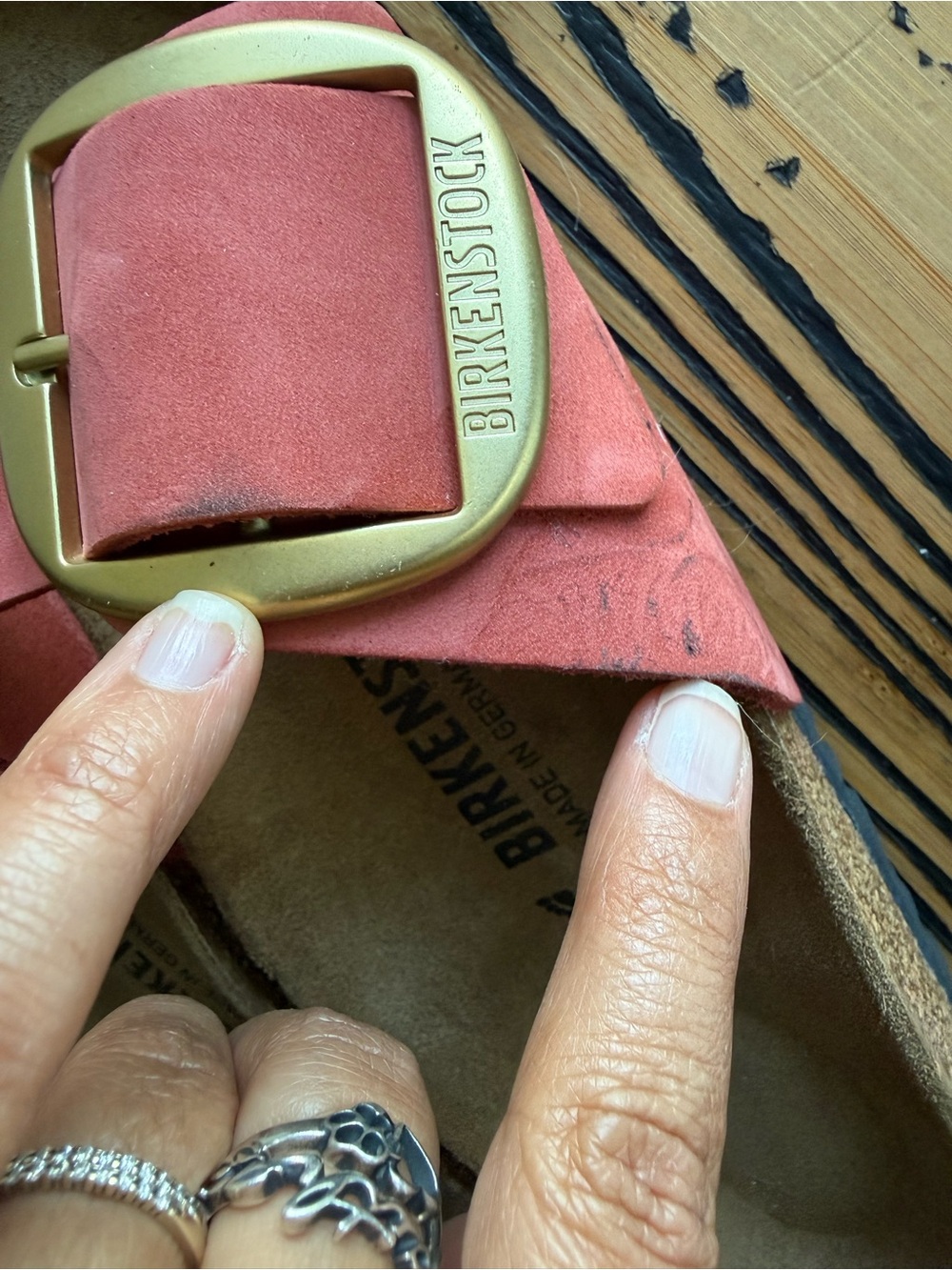 Birkenstock Coral Suede Single-Strap Sandal with Gold Buckle - Picture 2 of 3